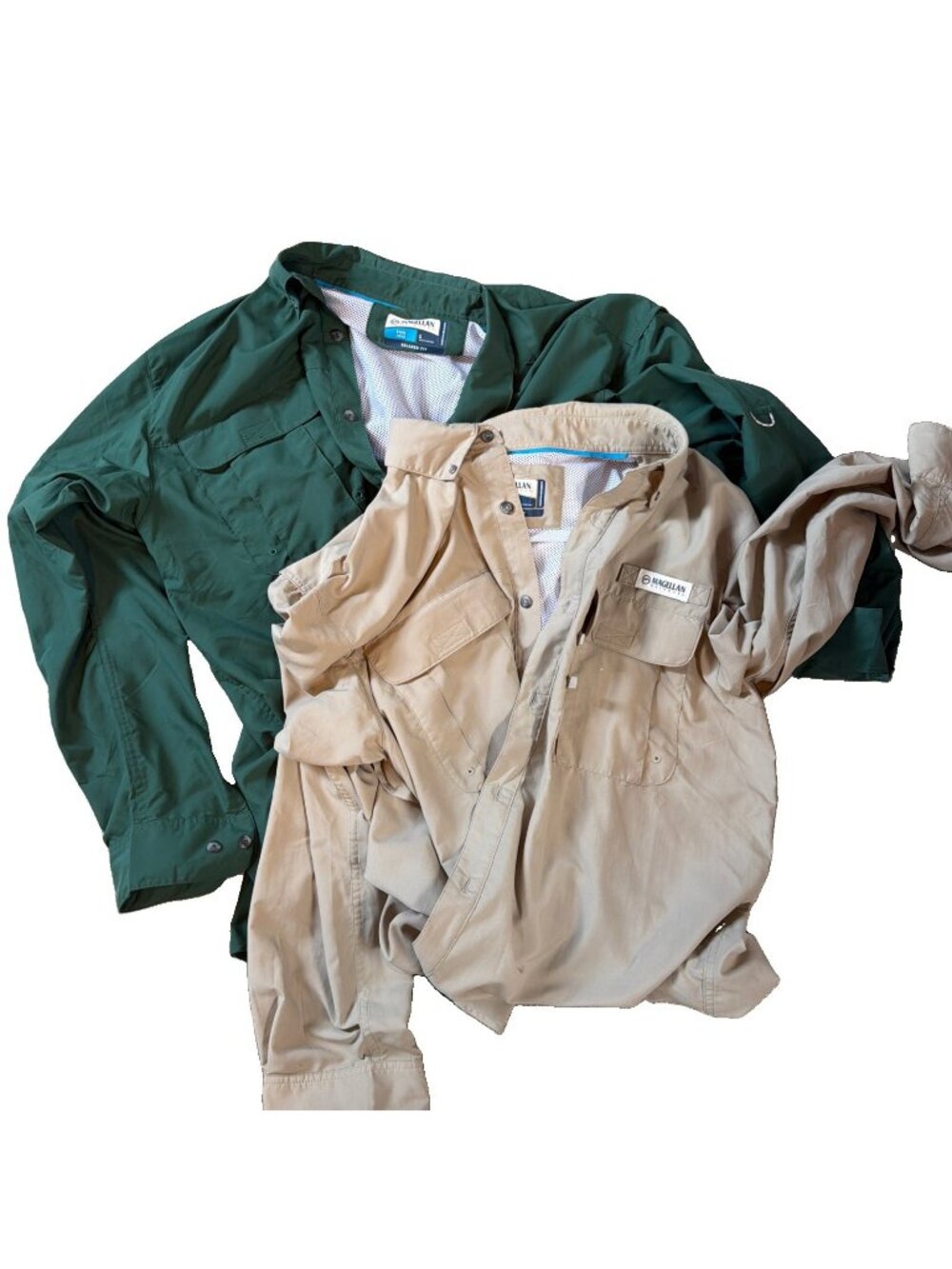 Magellan Fish Gear Vented Hook Mens L Khaki & Green Long Sleeve Relaxed Button